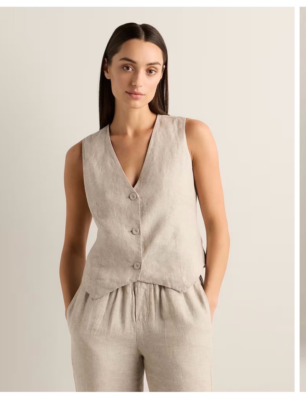 Quince Sleeveless V-Neck Button Front Vest - Light Beige European Linen
